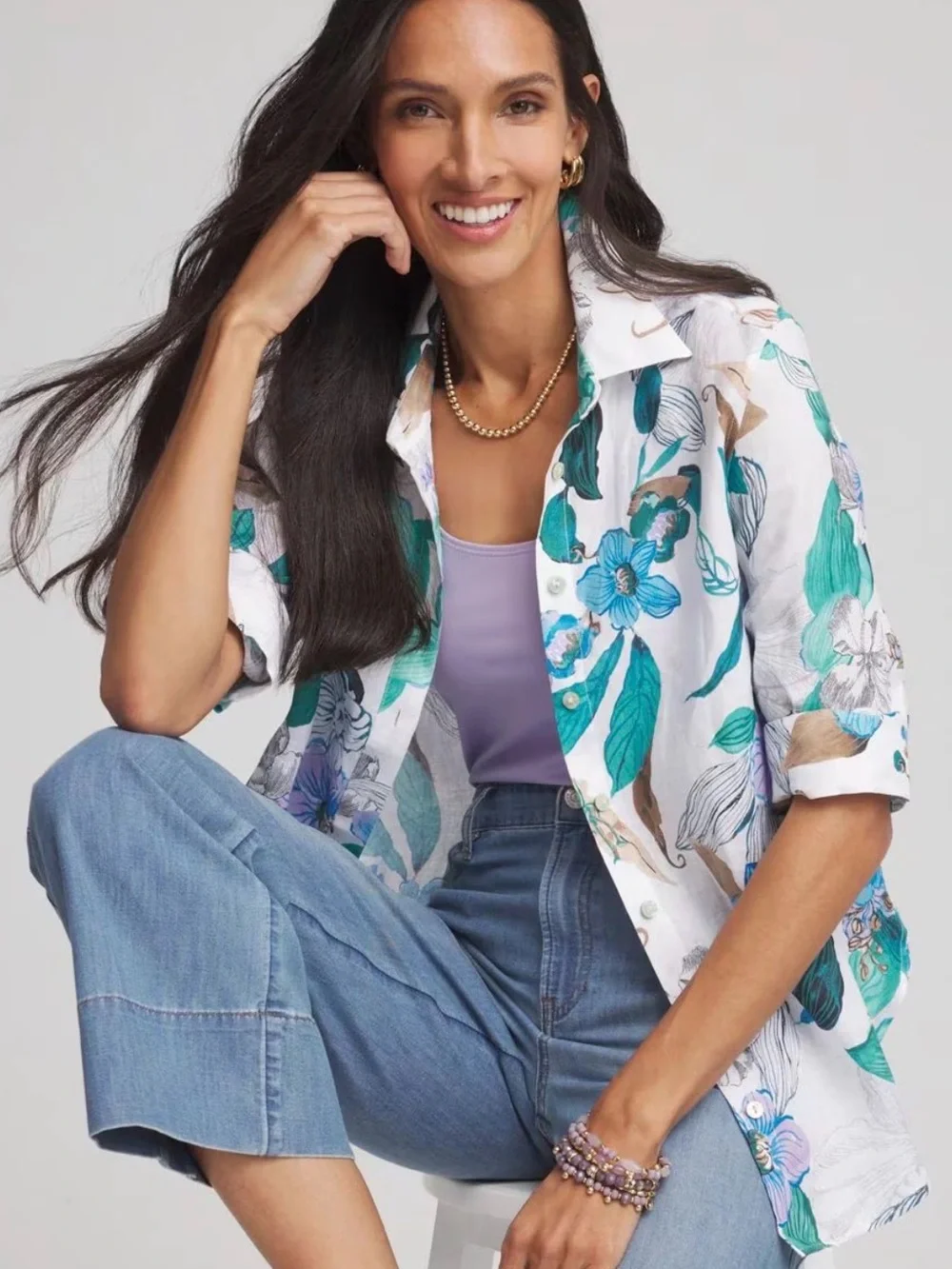 Chicos No Iron floral Linen Button Down Shirttail hem top blouse, size 1, M